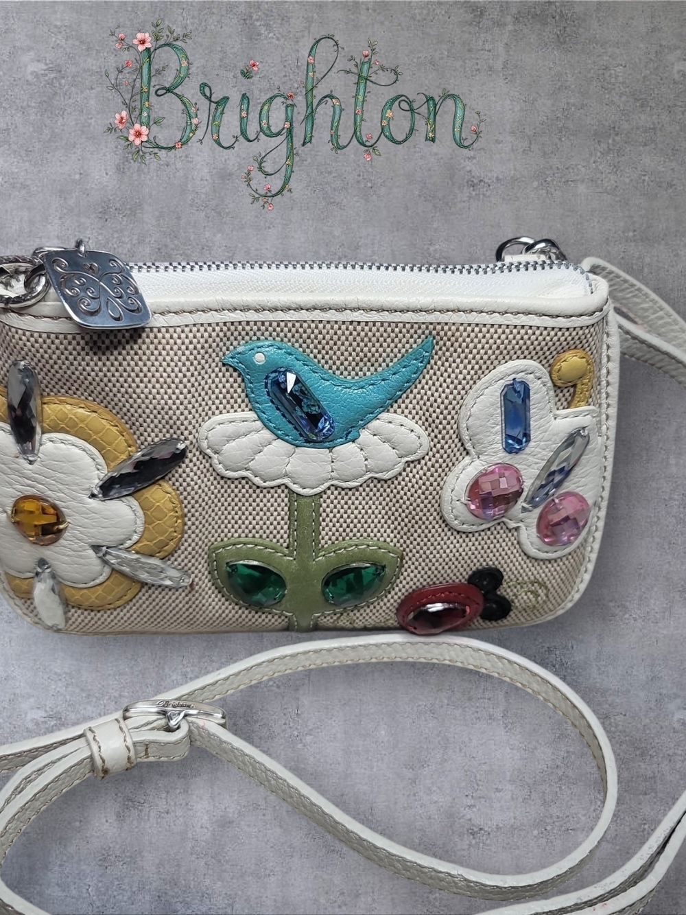 Brighton White Crossbody with Colorful Floral And Rhinestone Embellishments EUC